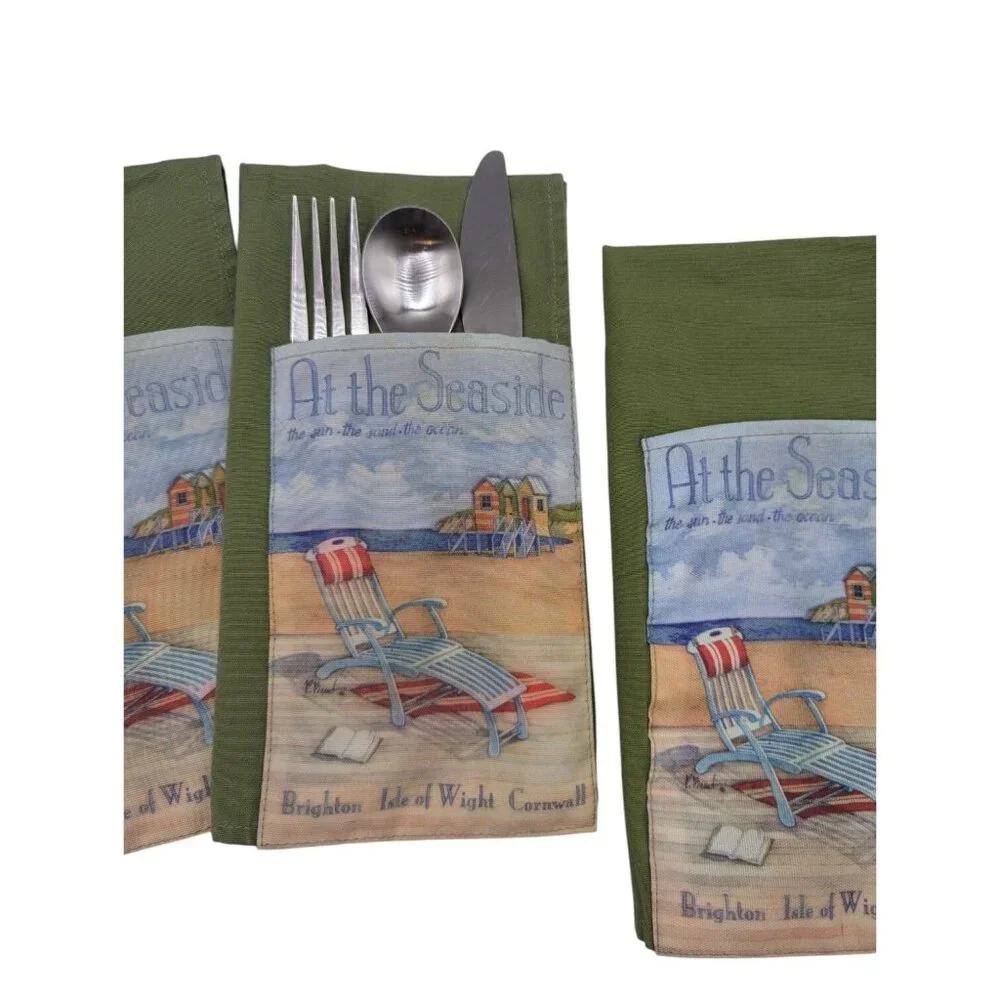 Set Of 4 Cypress Home Green At The Seaside Napkins WUtensil Pockets 100% Cotton